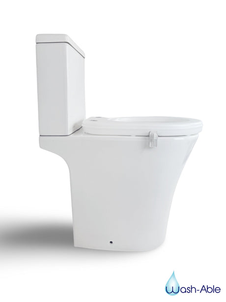 A crisp studio product photograph of a standalone 50mm Toilet Seat Riser & Rimless Toilet combination displaying its smooth hygienic ceramic bowl against a clean white background