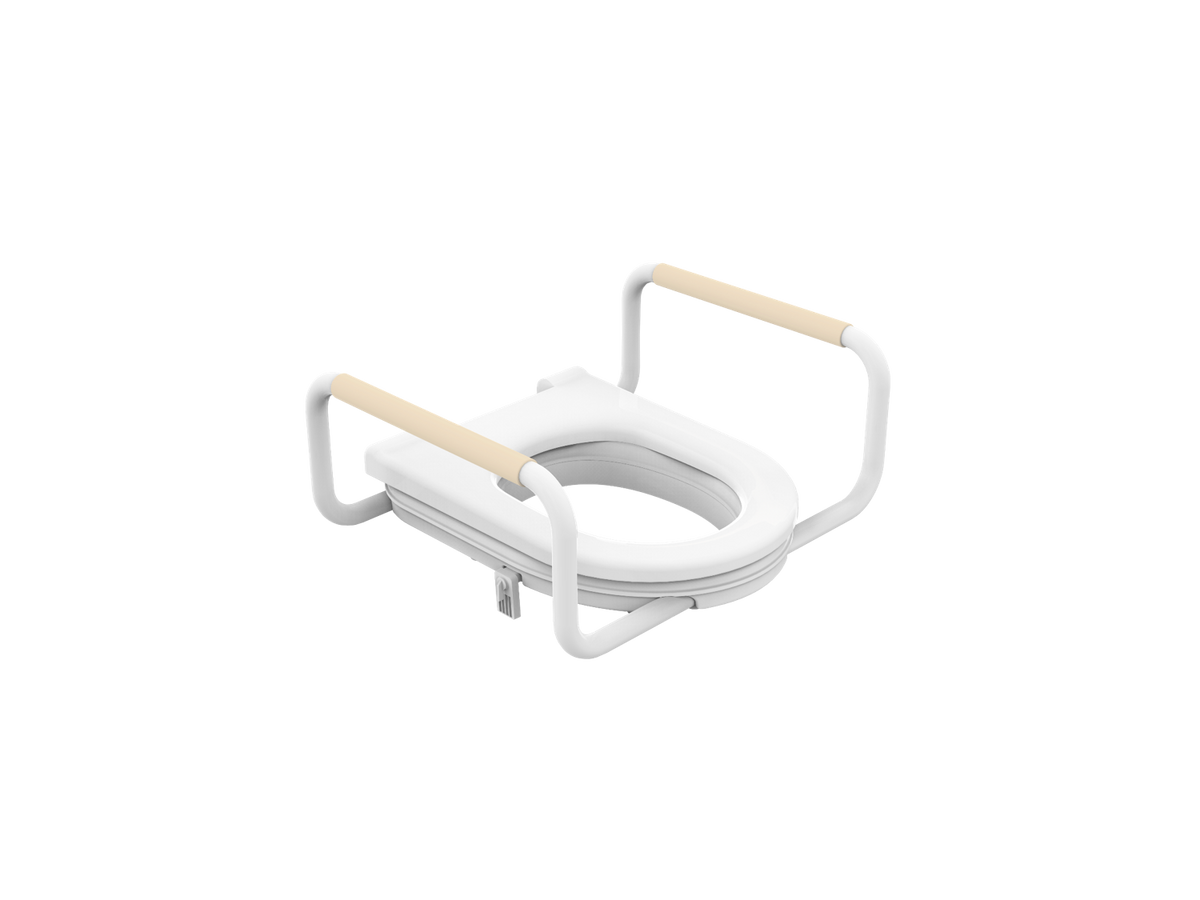 A temporary toilet seat riser and supportive handles