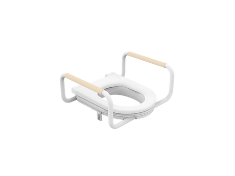 A temporary toilet seat riser and supportive handles