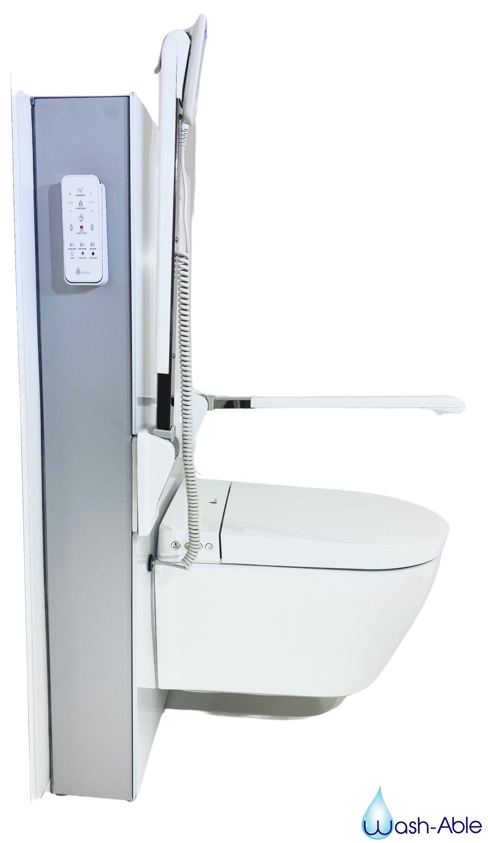 A crisp studio product photograph of a standalone Washloo Levitate adjustable height cistern system displaying its motorised frame against a clean white background