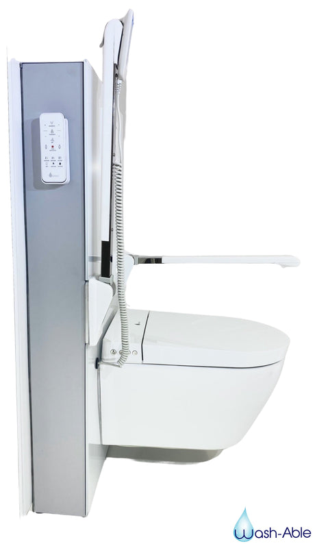 A crisp studio product photograph of a standalone Washloo Levitate adjustable height cistern system displaying its motorised frame against a clean white background
