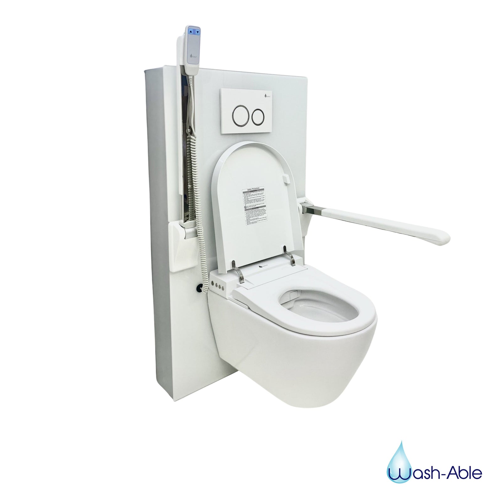 A Wash-Able Levitate height-adjustable smart toilet with a white glass front panel.