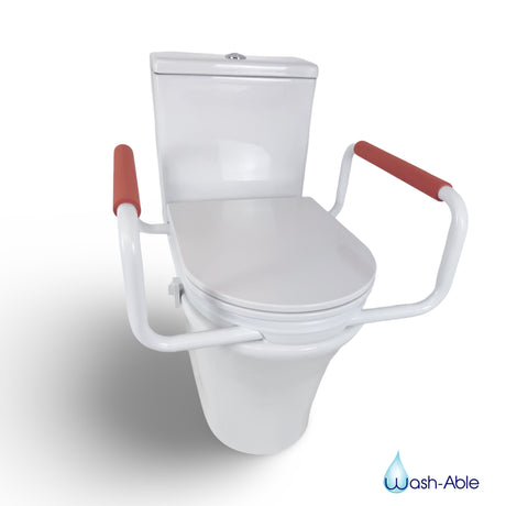 A toilet seat riser with support rails, designed to reduce physical effort for people managing fatigue and limited energy.
