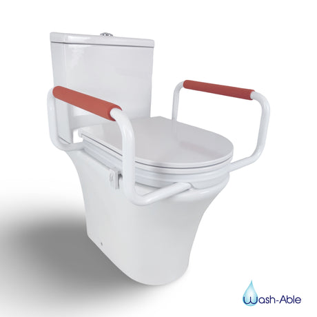 A secure Wash-Able toilet seat riser with integrated steel support rails clamped onto a standard bathroom toilet pan.