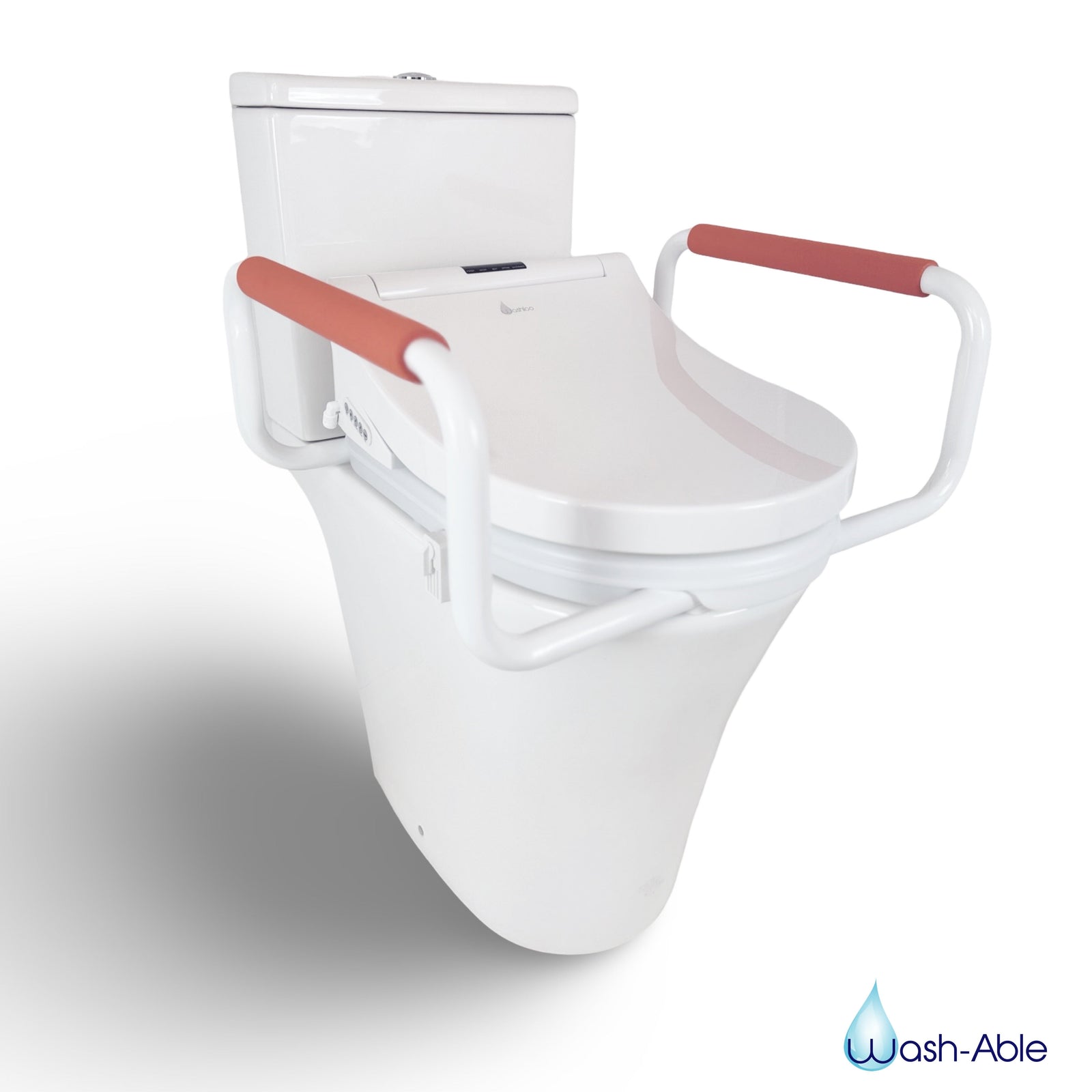 A close-up view of a 50mm toilet seat riser with integrated steel support handles fitted beneath a modern electronic bidet seat.