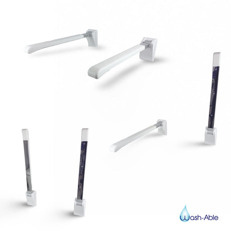 A crisp studio product photograph of standalone Wash-Able stylish grab rails displaying their clean chrome finish against a clean white background