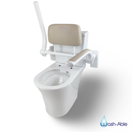 A white household toilet fitted with symmetric dual armrests and a padded backrest for maximum torso stability.