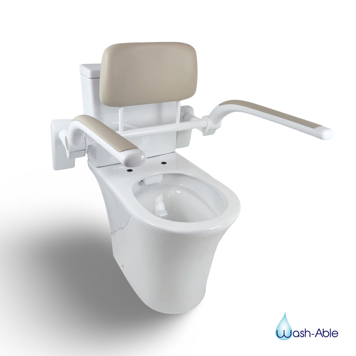An accessible bathroom toilet fitted with a padded backrest and matching dual support armrests for core stability.