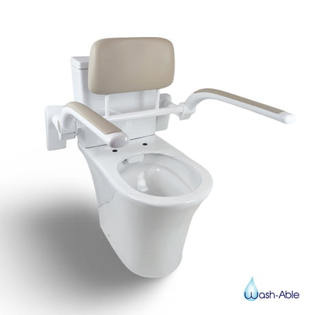 An accessible bathroom toilet fitted with a padded backrest and matching dual support armrests for core stability.