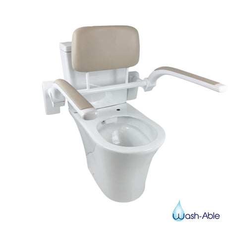A crisp studio product photograph of a Wash-Able Toilet Arms & Back Rest Support system showcasing soft padded armrests against a clean white background