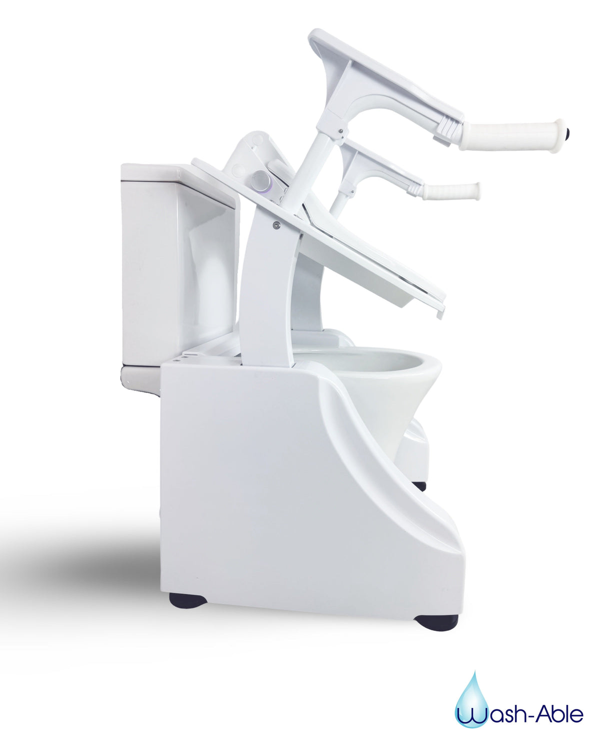 A crisp studio product photograph of a standalone Wash-Able Toilet Elevator displaying its sleek ergonomic side handles and smooth lift mechanism against a clean white background