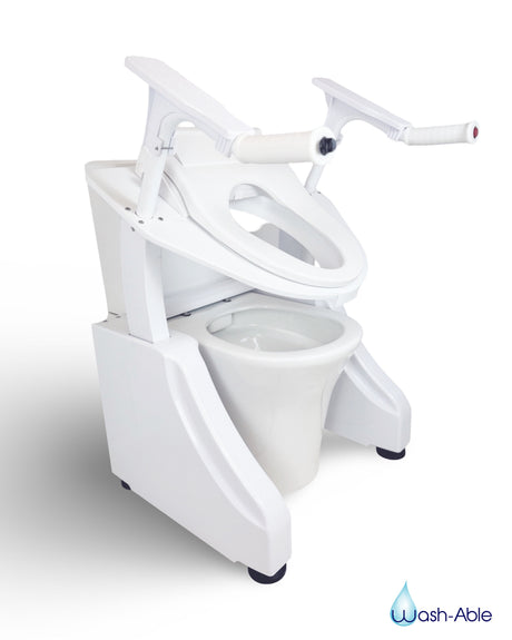 A crisp studio product photograph of a standalone Wash-Able Toilet Elevator displaying its motorised lifting mechanism and sturdy side handles against a clean white background