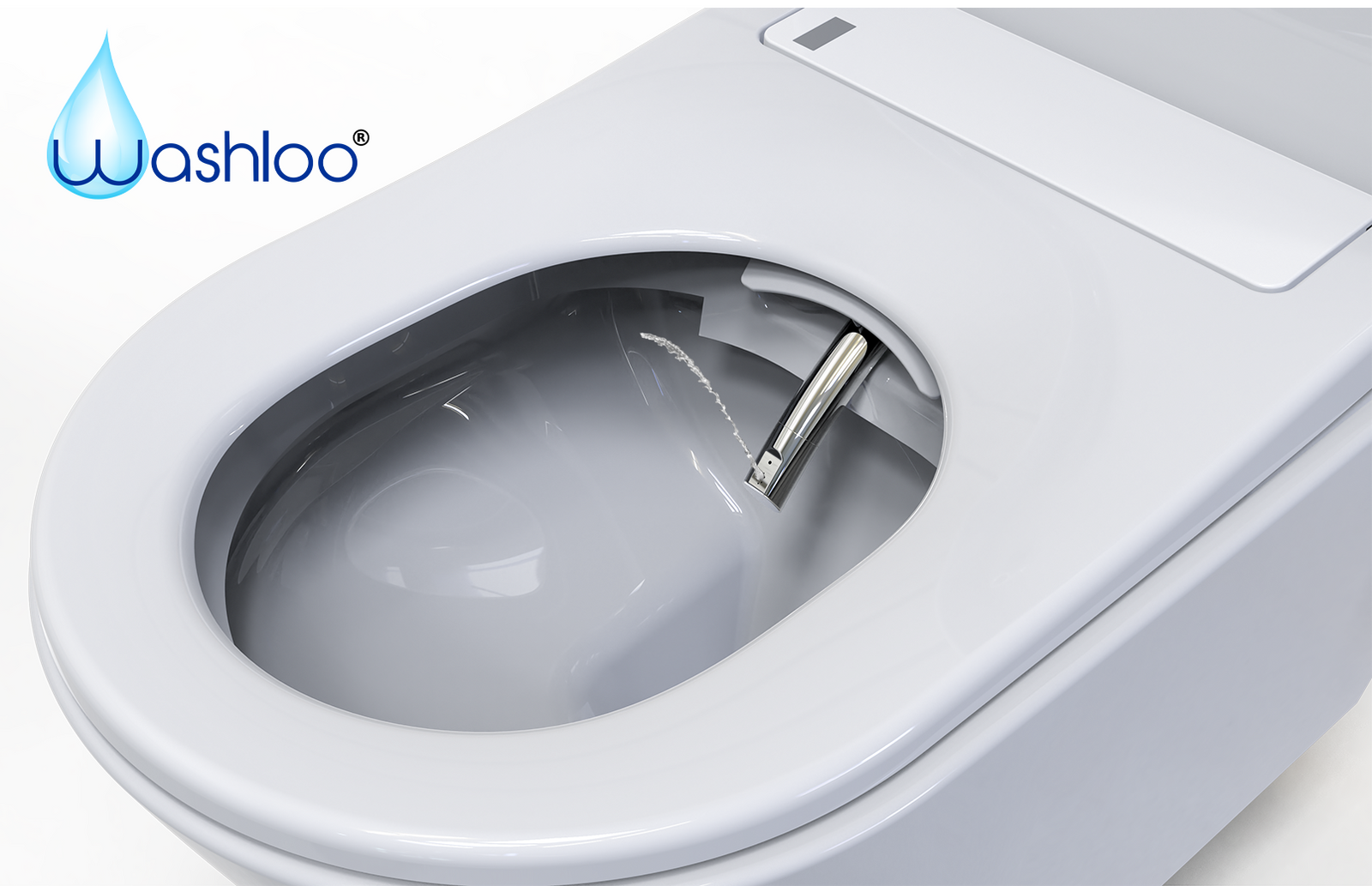 A crisp studio product photograph of a standalone Washloo Smart Washlet Toilet against a clean white background