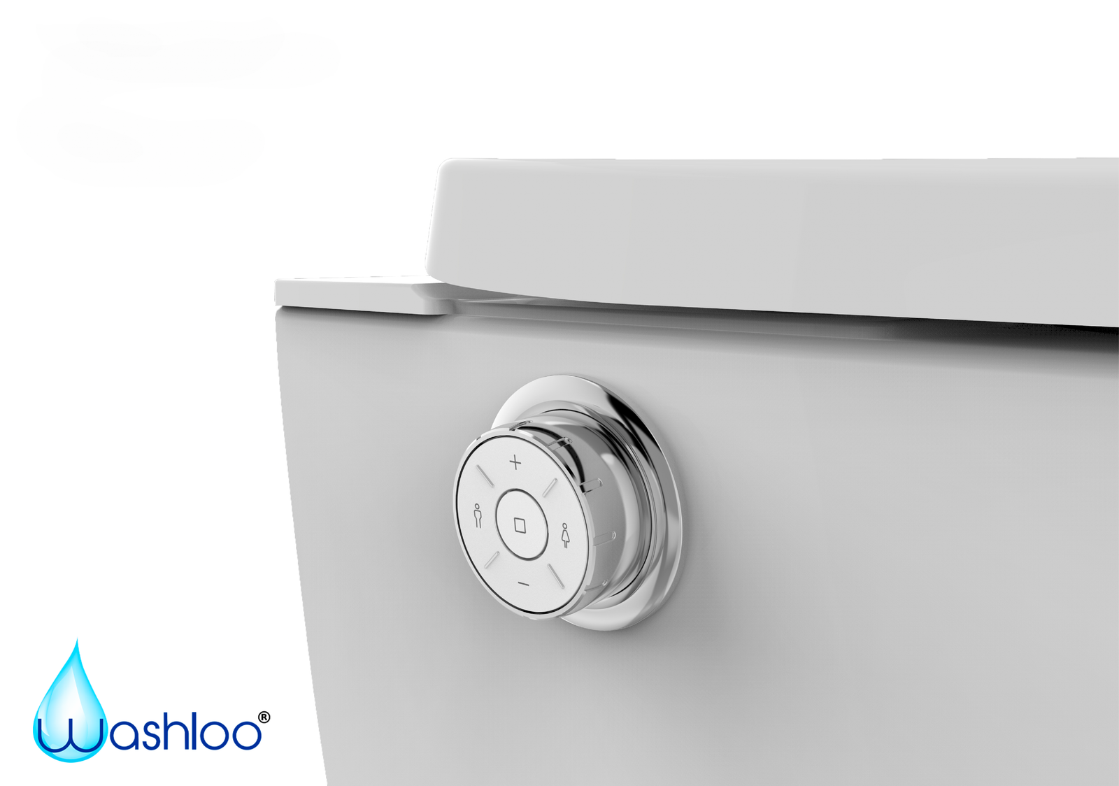A crisp studio product photograph of a standalone Washloo smart toilet displaying its smart control against a clean white background