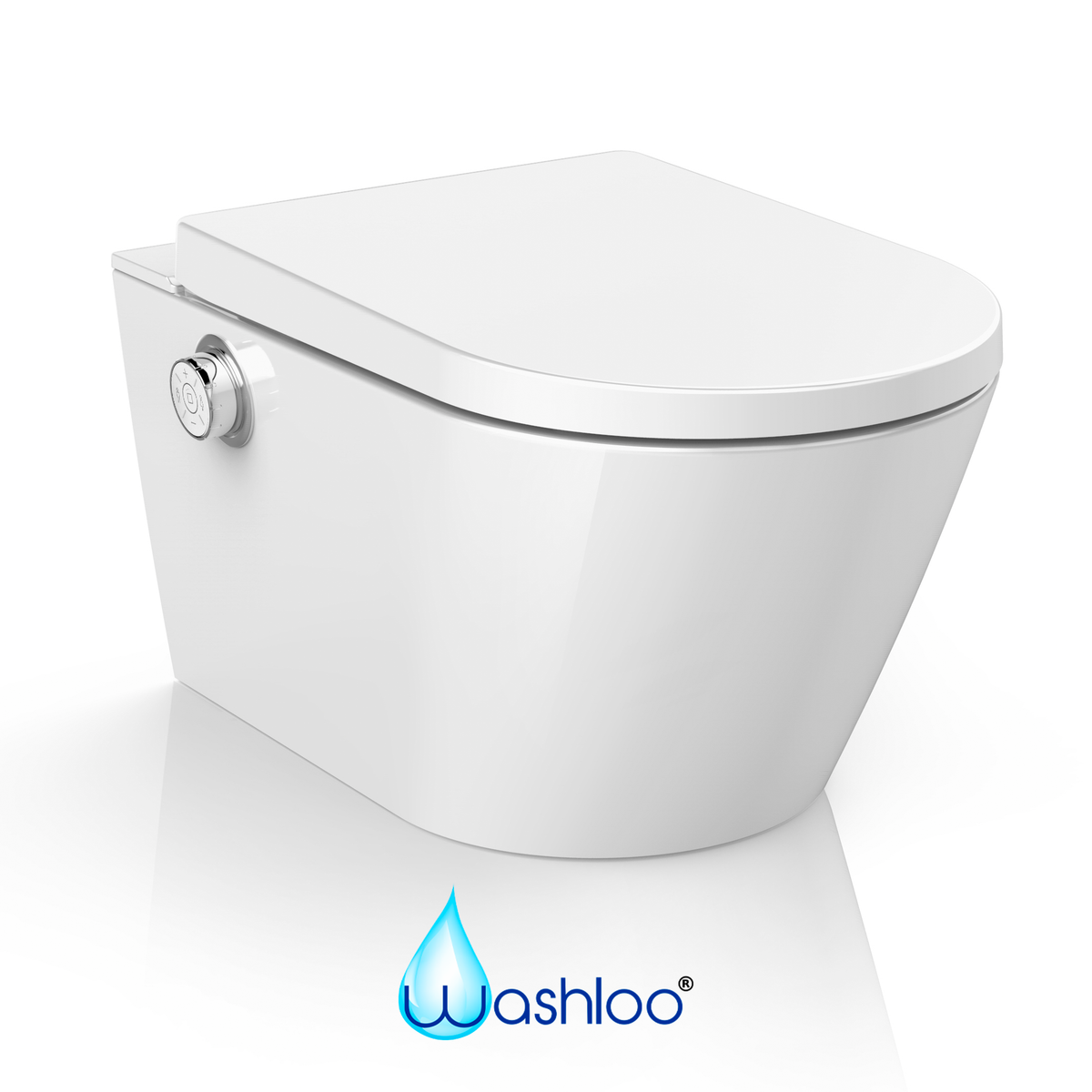 A crisp studio product photograph of a standalone Washloo Odyssey wall-hung smart toilet displaying its sleek white ceramic finish against a clean white background