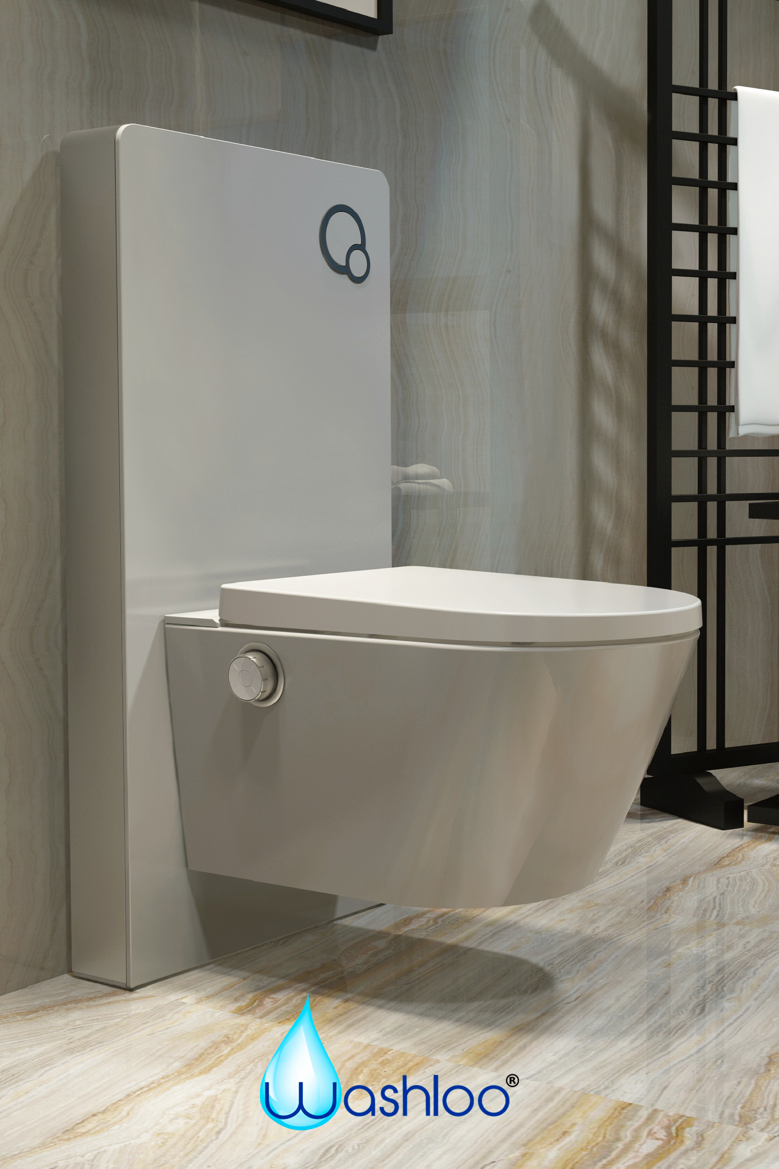 A wall-hung Washloo Odyssey smart toilet mounted on a modern tiled wall with clear floor space underneath for wheelchair access.