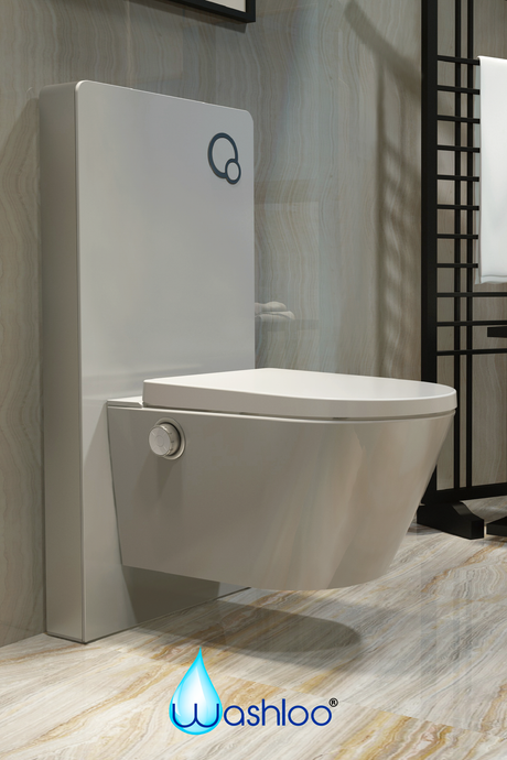 A wall-hung Washloo Odyssey smart toilet mounted on a modern tiled wall with clear floor space underneath for wheelchair access.